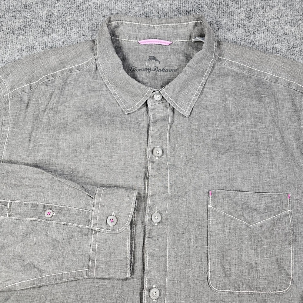 Tommy Bahama Linen Shirt XXL Long Sleeve Grey Contrast Stitch Chambray Men